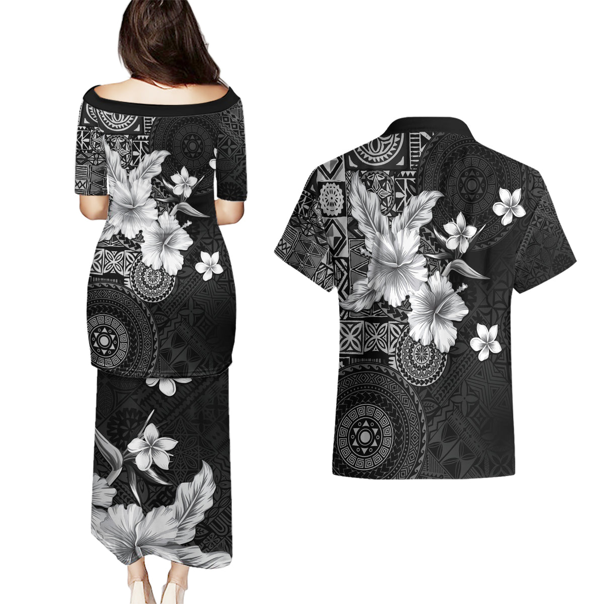 Hawaii Tapa Pattern With Black Hibiscus Couples Matching Puletasi and Hawaiian Shirt LT05 - Polynesian Pride