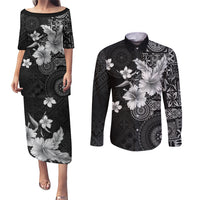 Hawaii Tapa Pattern With Black Hibiscus Couples Matching Puletasi and Long Sleeve Button Shirt LT05 Black - Polynesian Pride