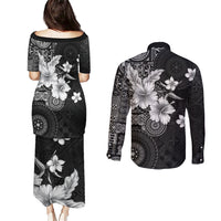 Hawaii Tapa Pattern With Black Hibiscus Couples Matching Puletasi and Long Sleeve Button Shirt LT05 - Polynesian Pride