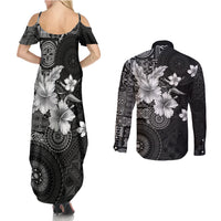 Hawaii Tapa Pattern With Black Hibiscus Couples Matching Summer Maxi Dress and Long Sleeve Button Shirt LT05 - Polynesian Pride