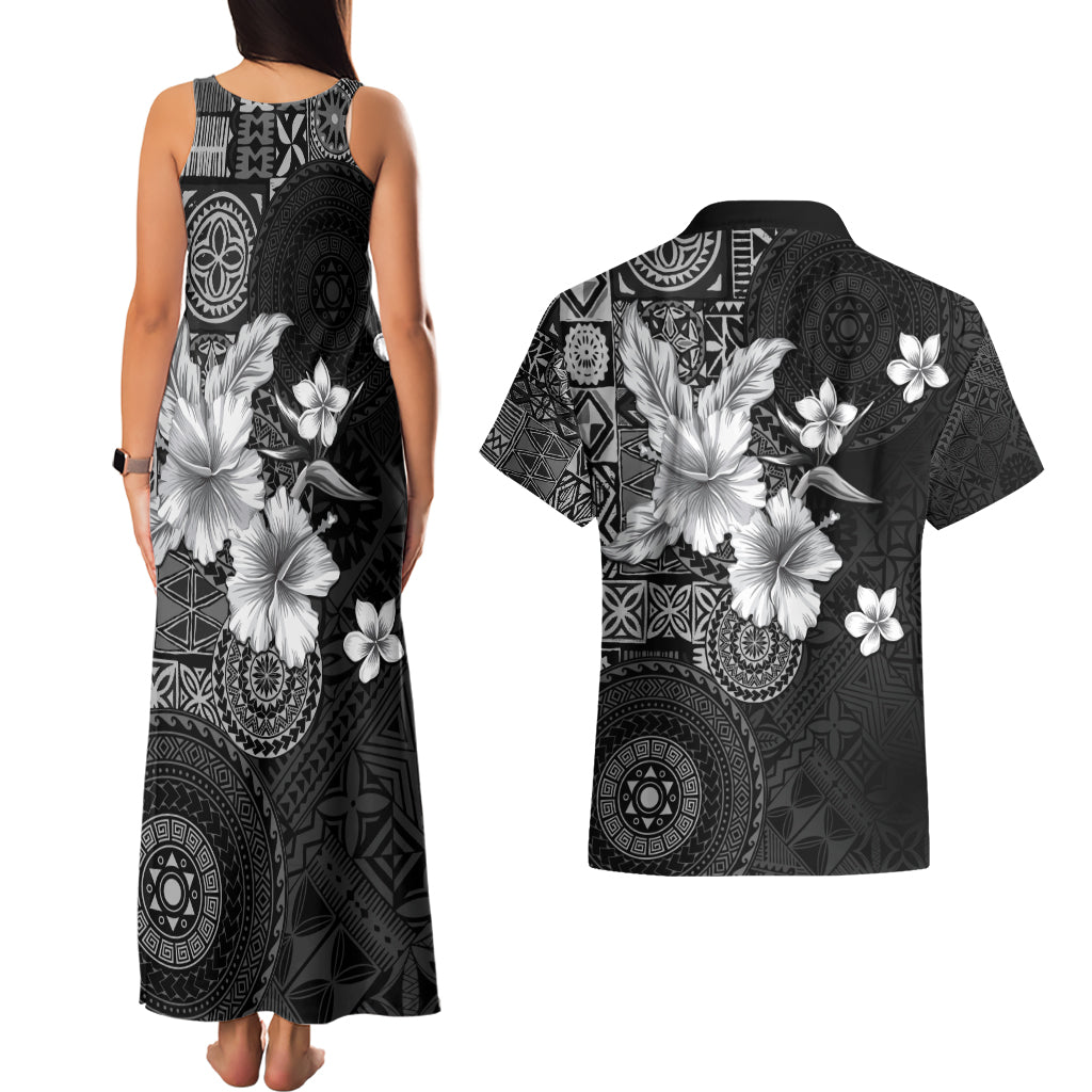 Hawaii Tapa Pattern With Black Hibiscus Couples Matching Tank Maxi Dress and Hawaiian Shirt LT05 - Polynesian Pride