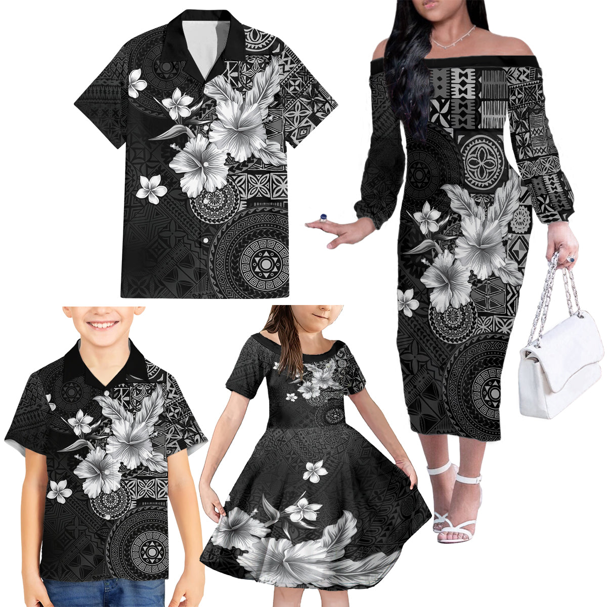 Hawaii Tapa Pattern With Black Hibiscus Family Matching Off The Shoulder Long Sleeve Dress and Hawaiian Shirt