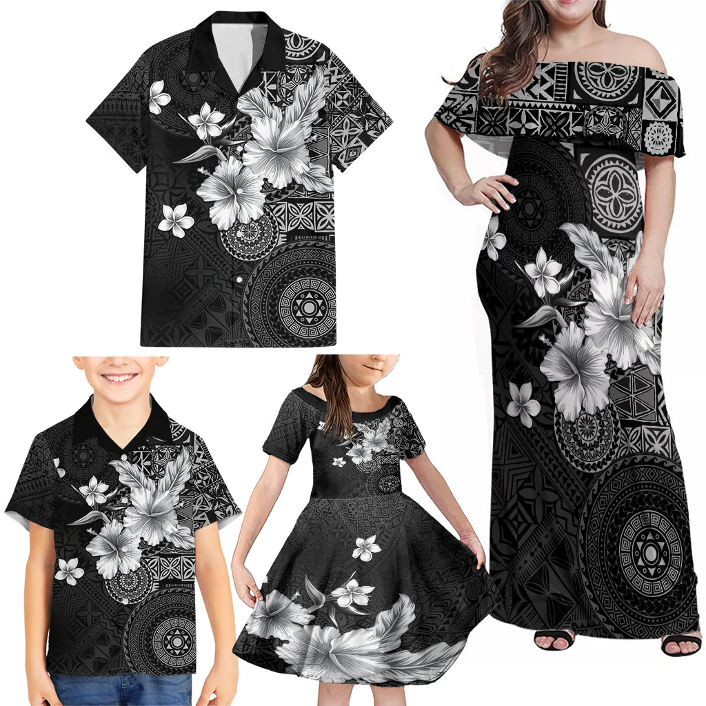Hawaii Tapa Pattern With Black Hibiscus Family Matching Off Shoulder Maxi Dress and Hawaiian Shirt LT05 - Polynesian Pride