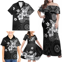 Hawaii Tapa Pattern With Black Hibiscus Family Matching Off Shoulder Maxi Dress and Hawaiian Shirt LT05 - Polynesian Pride