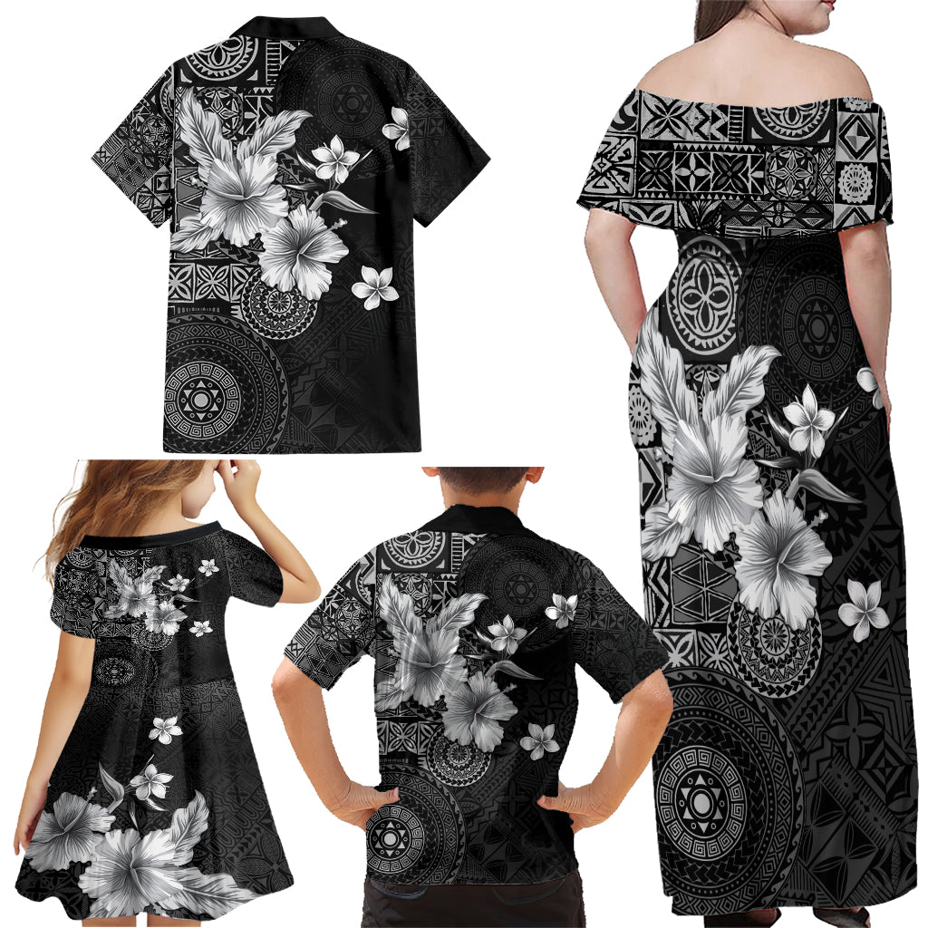 Hawaii Tapa Pattern With Black Hibiscus Family Matching Off Shoulder Maxi Dress and Hawaiian Shirt LT05 - Polynesian Pride