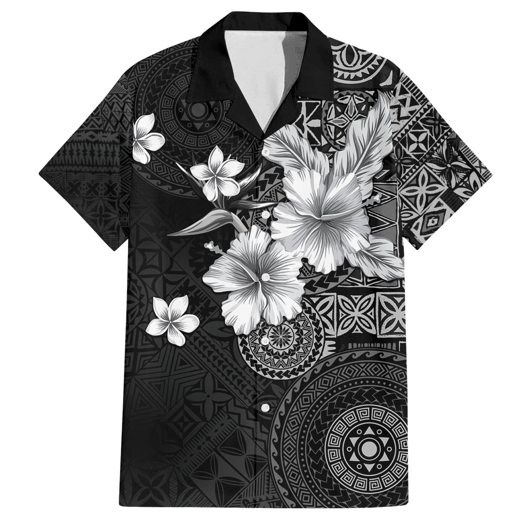Hawaii Tapa Pattern With Black Hibiscus Family Matching Off Shoulder Maxi Dress and Hawaiian Shirt LT05 Dad's Shirt - Short Sleeve Black - Polynesian Pride