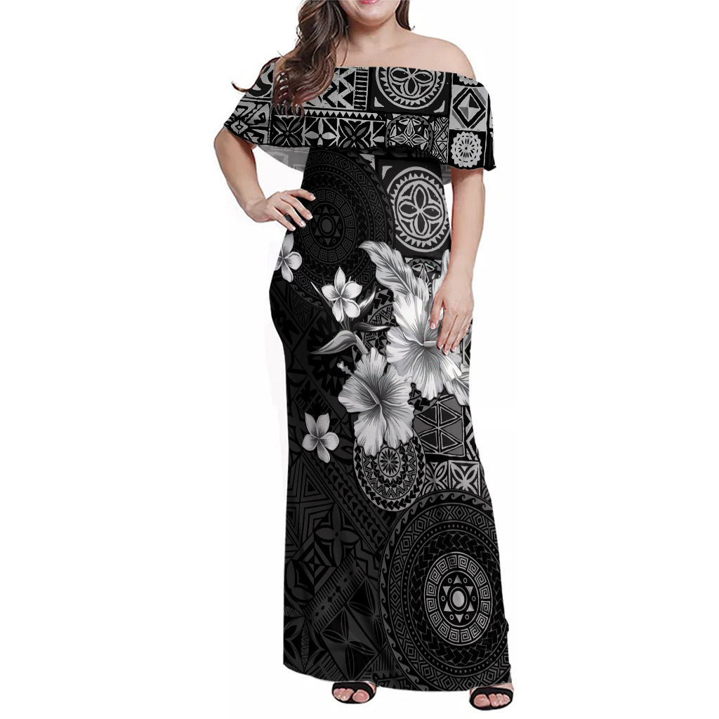 Hawaii Tapa Pattern With Black Hibiscus Family Matching Off Shoulder Maxi Dress and Hawaiian Shirt LT05 Mom's Dress Black - Polynesian Pride