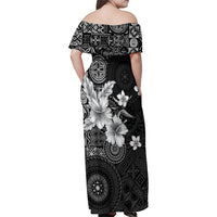 Hawaii Tapa Pattern With Black Hibiscus Family Matching Off Shoulder Maxi Dress and Hawaiian Shirt LT05 - Polynesian Pride