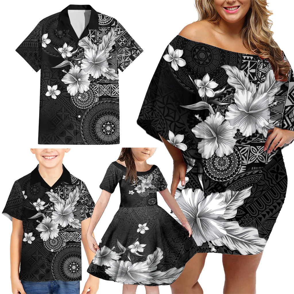 Hawaii Tapa Pattern With Black Hibiscus Family Matching Off Shoulder Short Dress and Hawaiian Shirt LT05 - Polynesian Pride