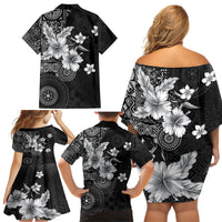 Hawaii Tapa Pattern With Black Hibiscus Family Matching Off Shoulder Short Dress and Hawaiian Shirt LT05 - Polynesian Pride