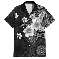 Hawaii Tapa Pattern With Black Hibiscus Family Matching Off Shoulder Short Dress and Hawaiian Shirt LT05 Dad's Shirt - Short Sleeve Black - Polynesian Pride