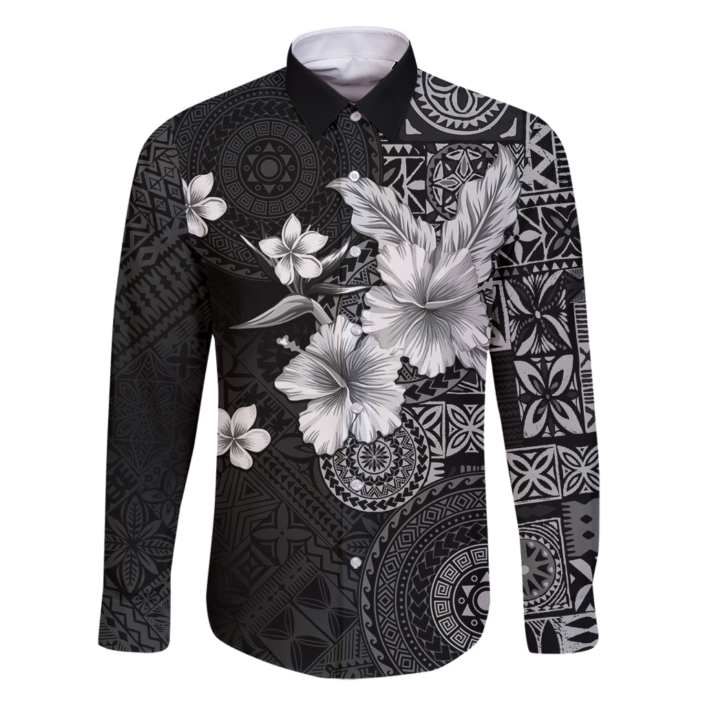 Hawaii Tapa Pattern With Black Hibiscus Family Matching Off Shoulder Short Dress and Hawaiian Shirt LT05 Dad's Shirt - Long Sleeve Black - Polynesian Pride