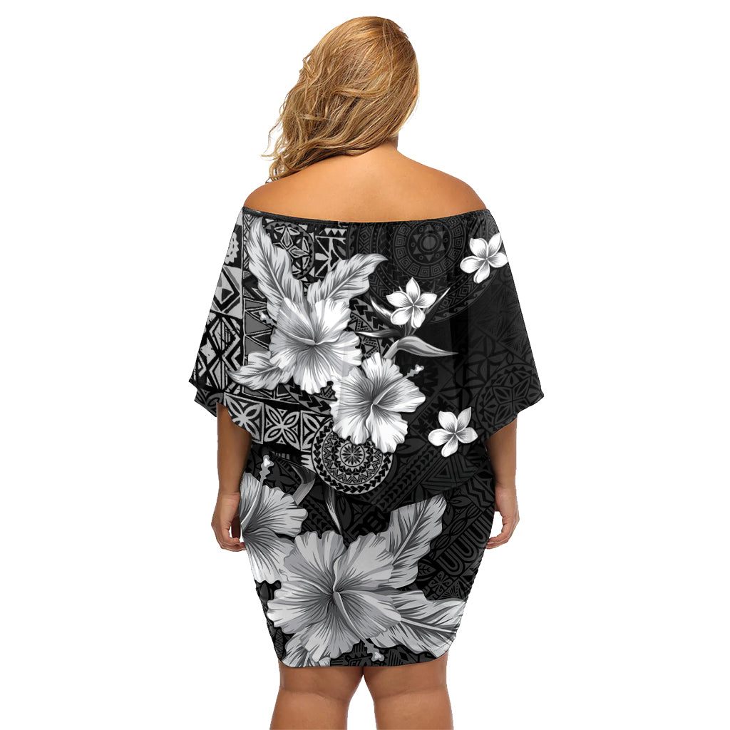 Hawaii Tapa Pattern With Black Hibiscus Family Matching Off Shoulder Short Dress and Hawaiian Shirt LT05 - Polynesian Pride