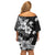 Hawaii Tapa Pattern With Black Hibiscus Family Matching Off Shoulder Short Dress and Hawaiian Shirt