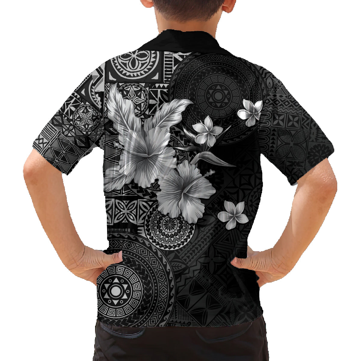 Hawaii Tapa Pattern With Black Hibiscus Family Matching Puletasi and Hawaiian Shirt LT05 - Polynesian Pride