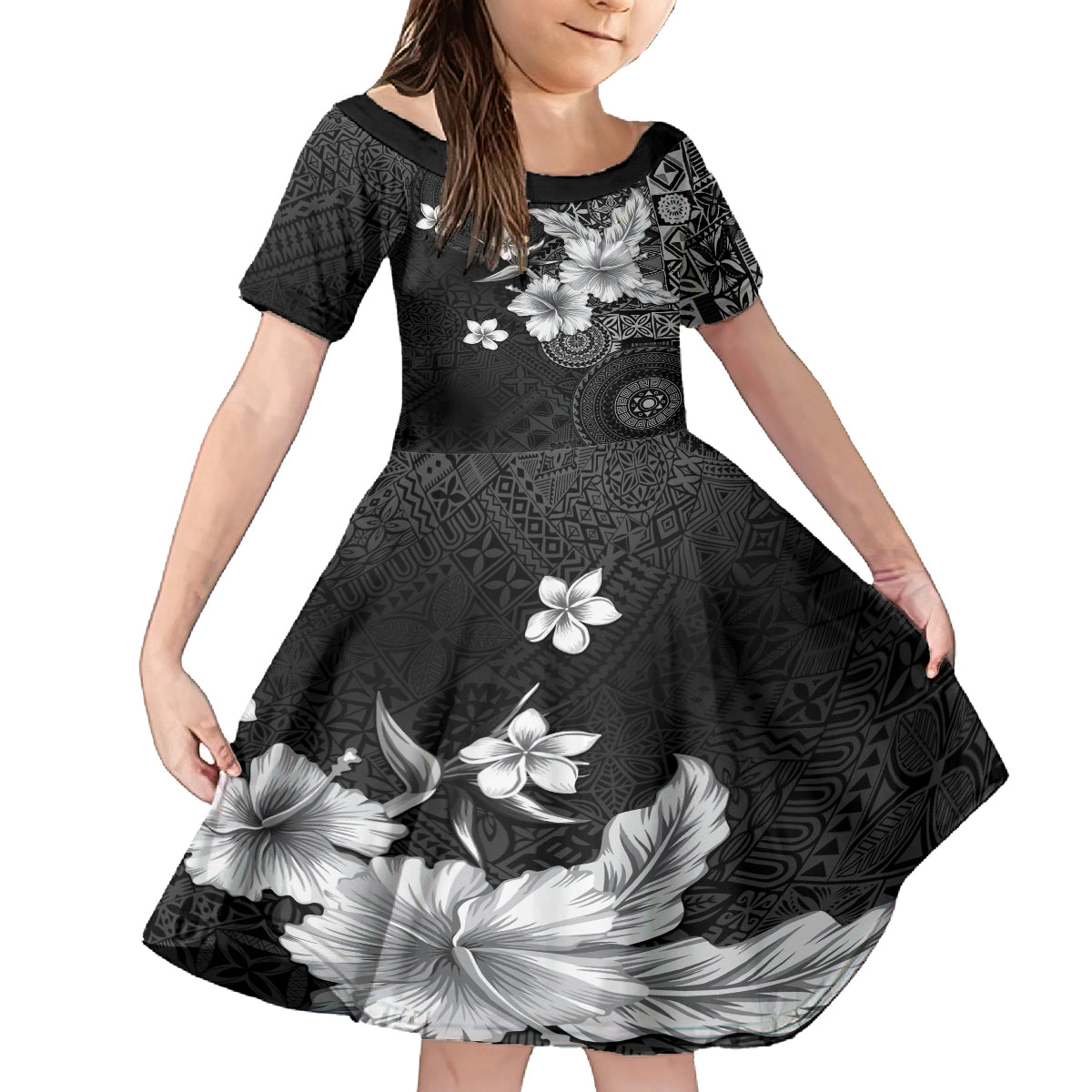 Hawaii Tapa Pattern With Black Hibiscus Family Matching Puletasi and Hawaiian Shirt LT05 Daughter's Dress Black - Polynesian Pride