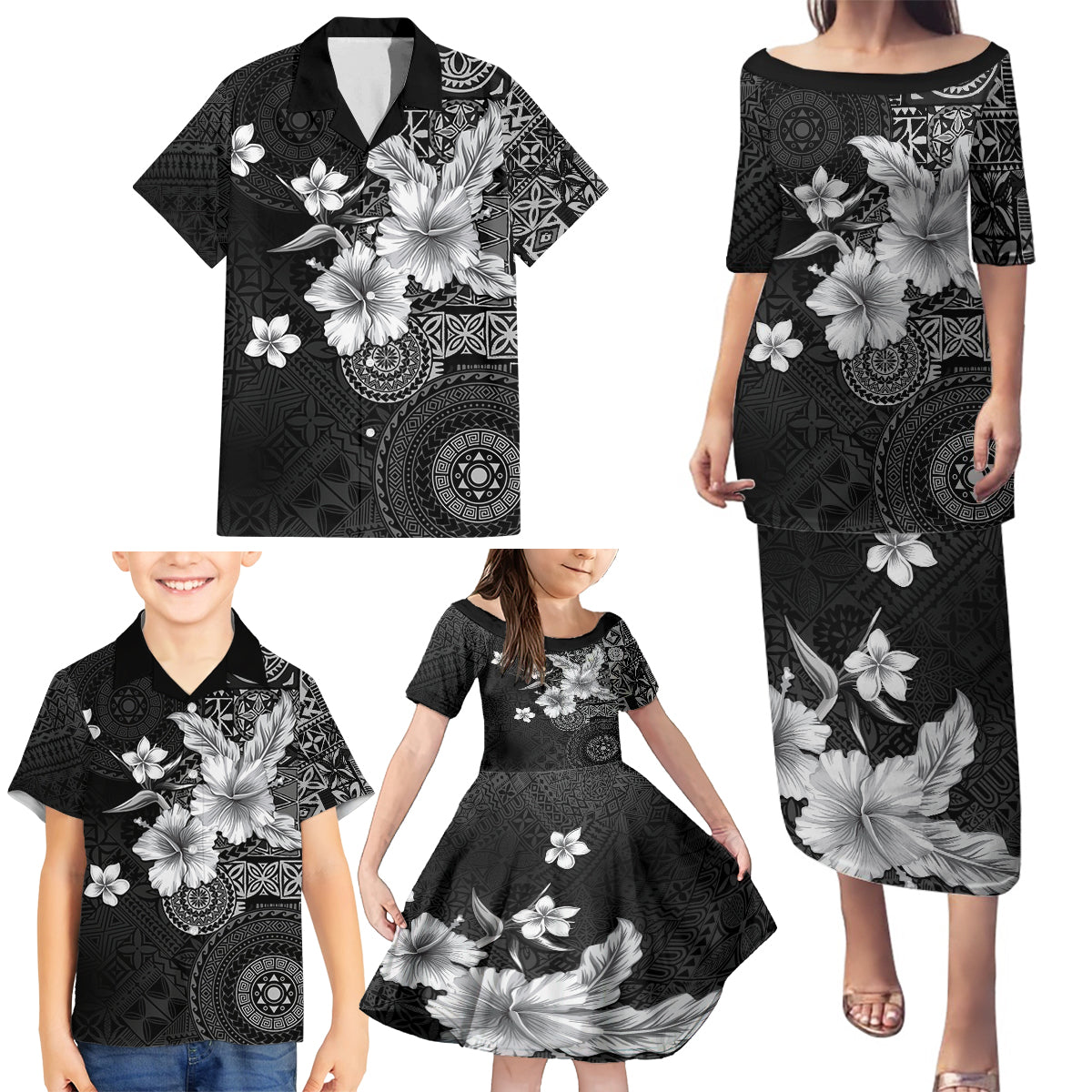 Hawaii Tapa Pattern With Black Hibiscus Family Matching Puletasi and Hawaiian Shirt