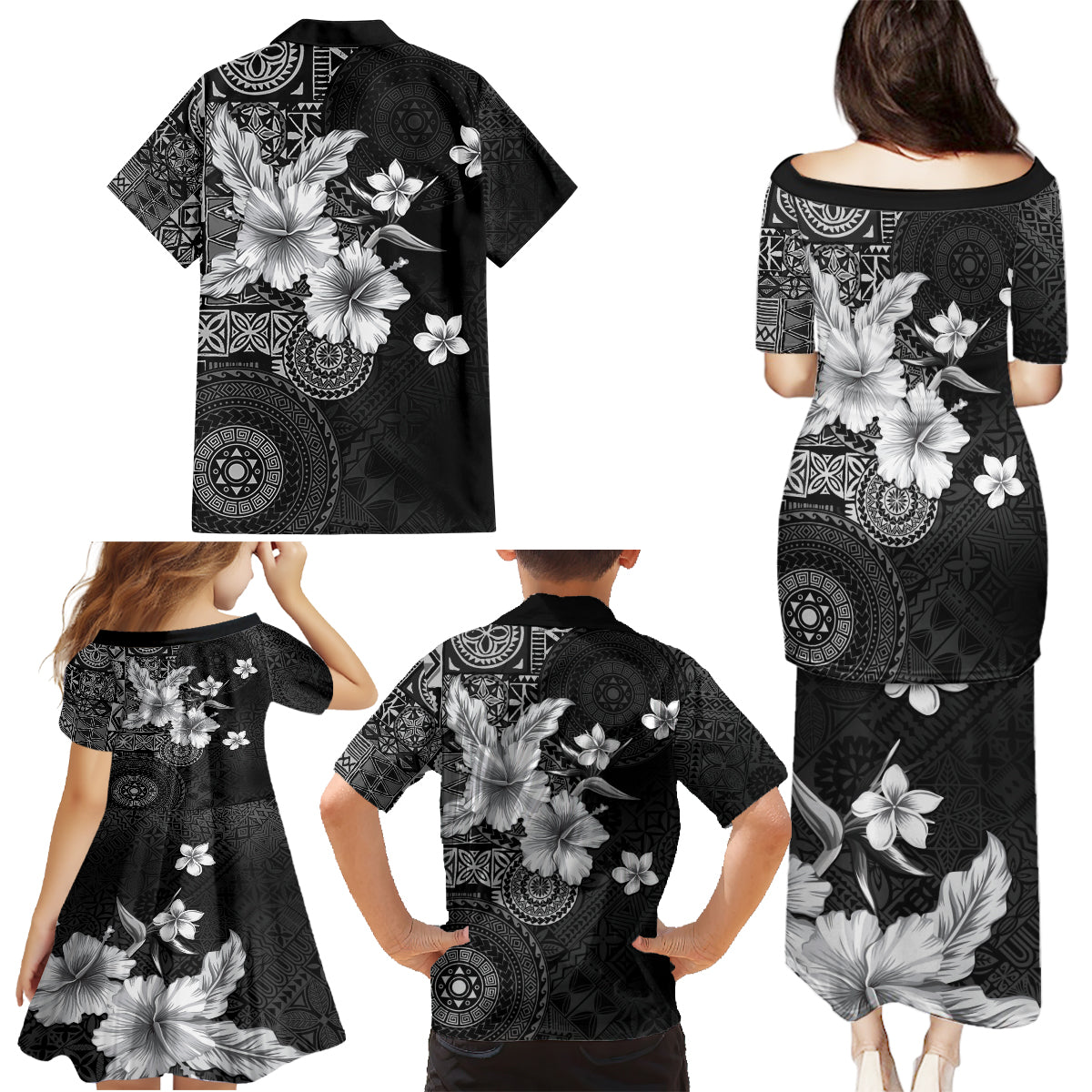 Hawaii Tapa Pattern With Black Hibiscus Family Matching Puletasi and Hawaiian Shirt LT05 - Polynesian Pride