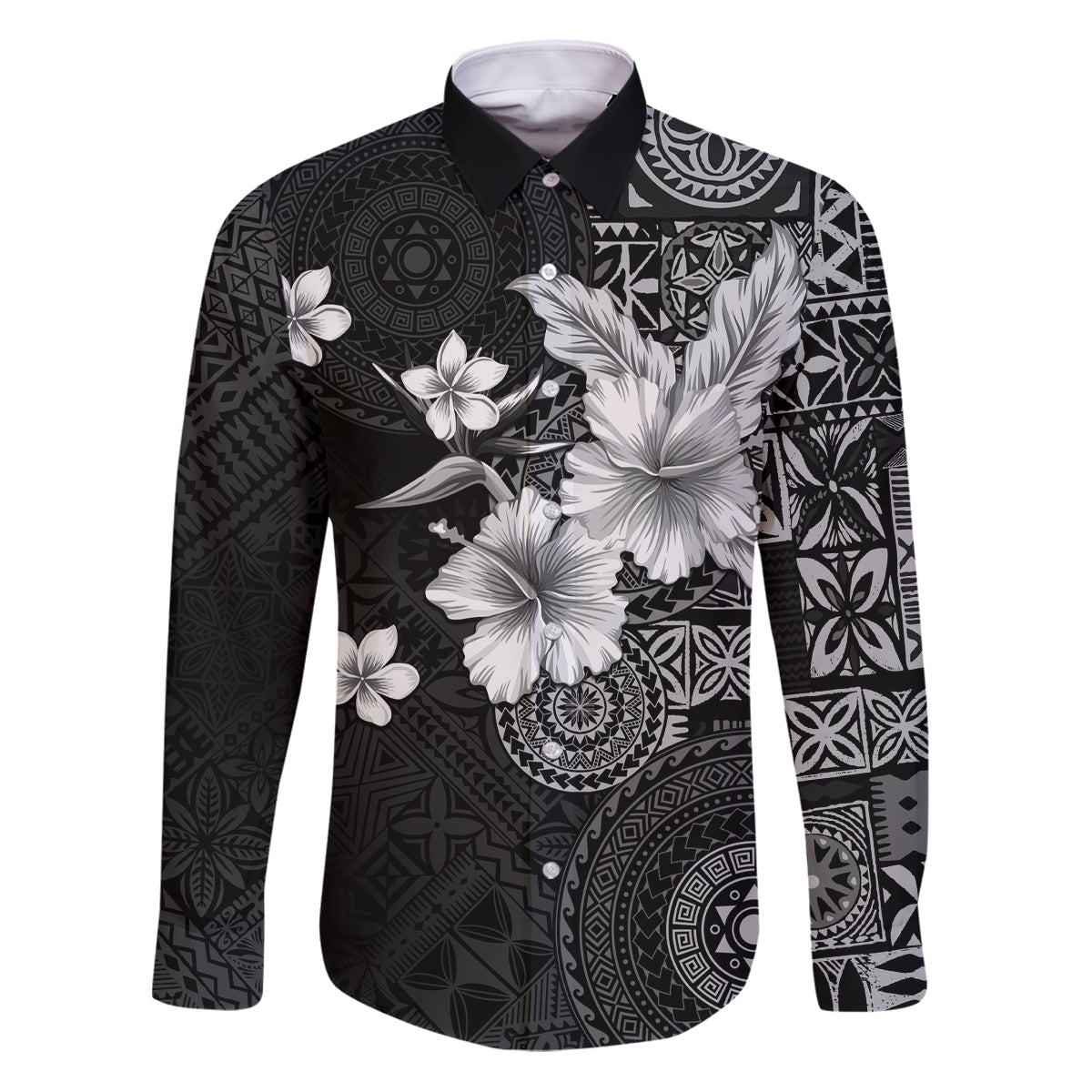 Hawaii Tapa Pattern With Black Hibiscus Family Matching Puletasi and Hawaiian Shirt LT05 Dad's Shirt - Long Sleeve Black - Polynesian Pride