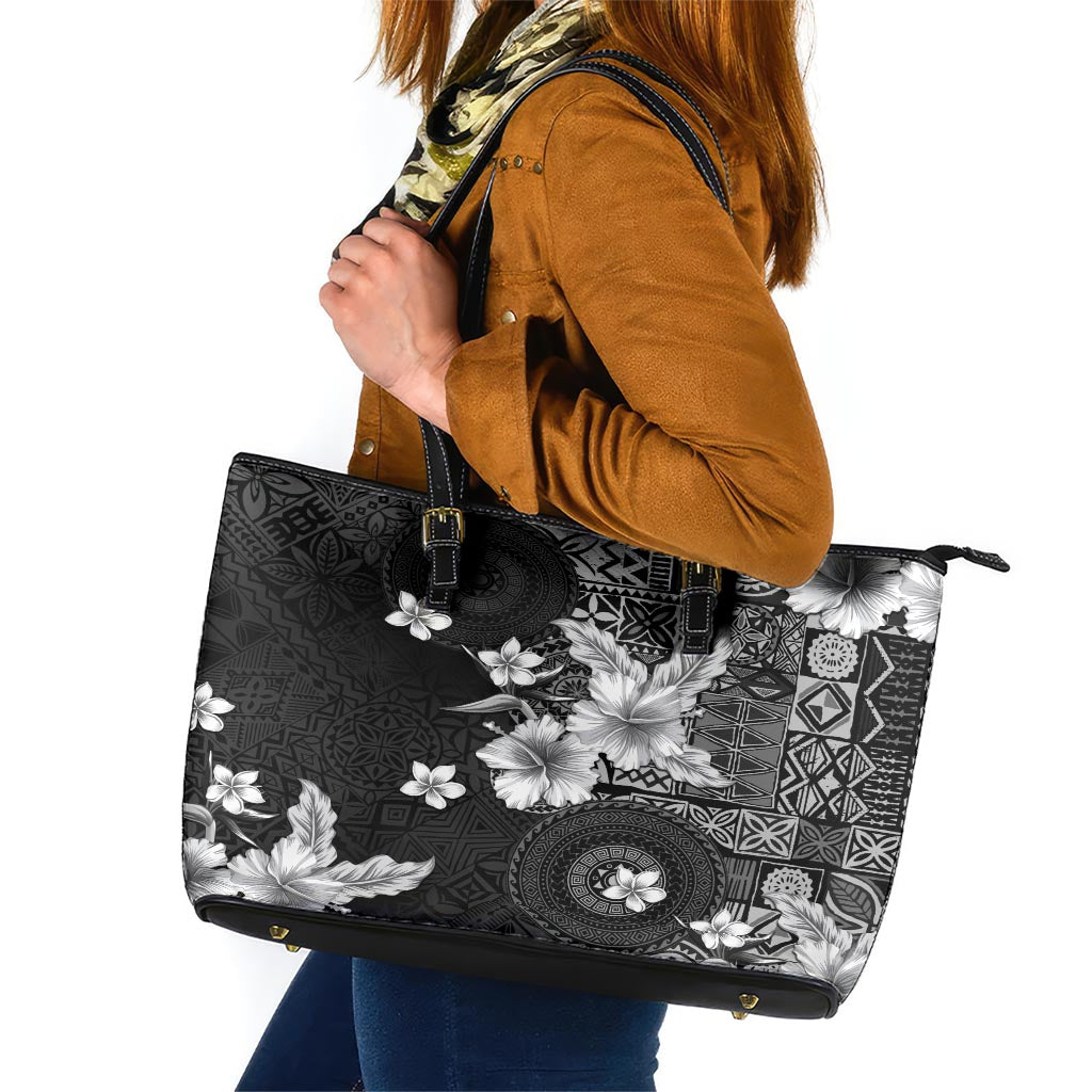 Hawaii Tapa Pattern With Black Hibiscus Leather Tote Bag LT05 Black - Polynesian Pride