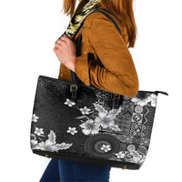 Hawaii Tapa Pattern With Black Hibiscus Leather Tote Bag LT05 Black - Polynesian Pride