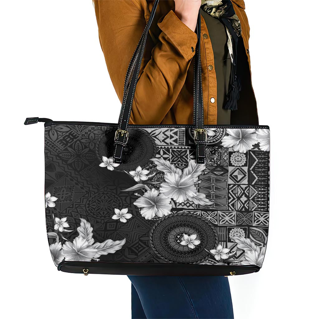 Hawaii Tapa Pattern With Black Hibiscus Leather Tote Bag LT05 - Polynesian Pride