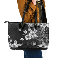 Hawaii Tapa Pattern With Black Hibiscus Leather Tote Bag LT05 - Polynesian Pride