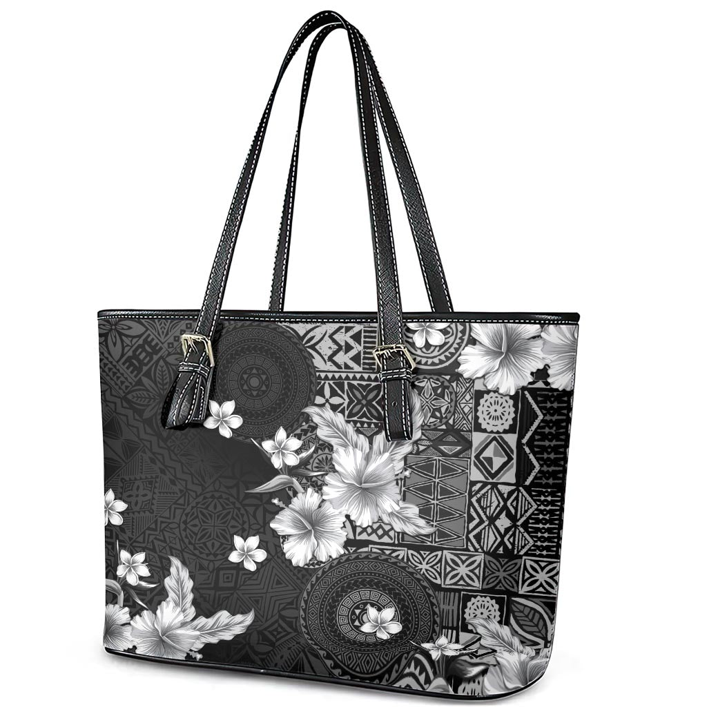 Hawaii Tapa Pattern With Black Hibiscus Leather Tote Bag LT05 - Polynesian Pride