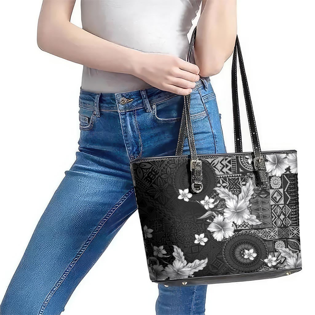 Hawaii Tapa Pattern With Black Hibiscus Leather Tote Bag LT05 - Polynesian Pride