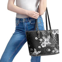 Hawaii Tapa Pattern With Black Hibiscus Leather Tote Bag LT05 - Polynesian Pride