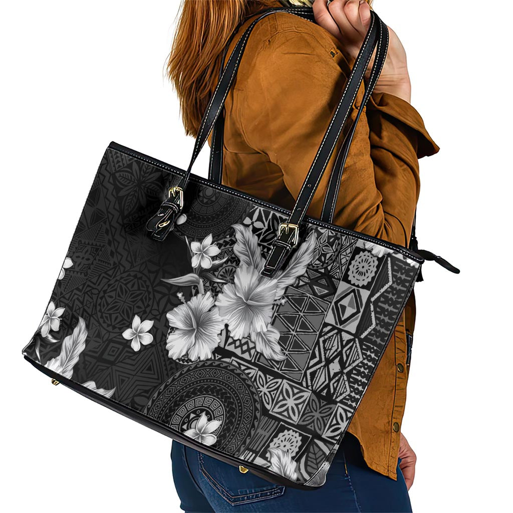 Hawaii Tapa Pattern With Black Hibiscus Leather Tote Bag LT05 - Polynesian Pride