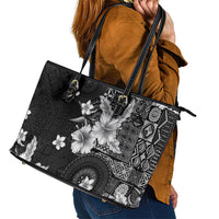 Hawaii Tapa Pattern With Black Hibiscus Leather Tote Bag LT05 - Polynesian Pride