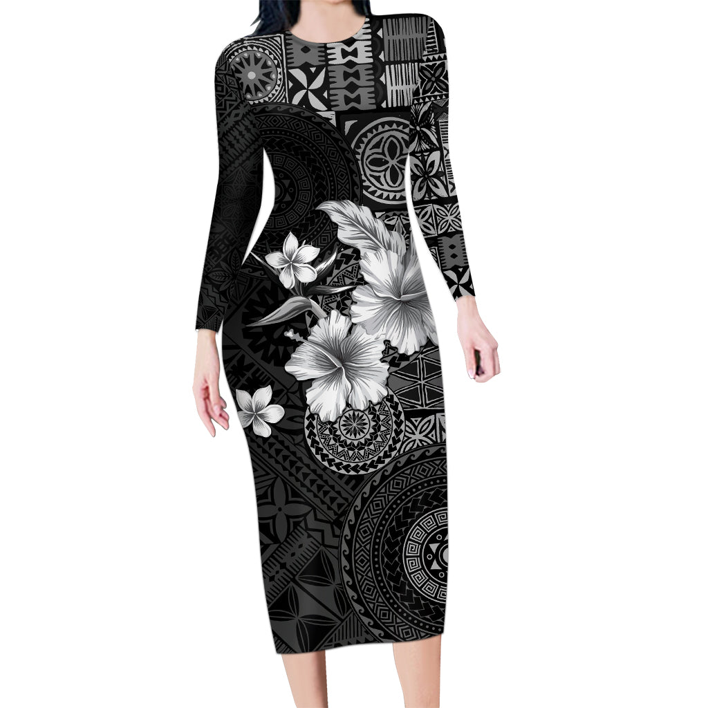 Hawaii Tapa Pattern With Black Hibiscus Long Sleeve Bodycon Dress