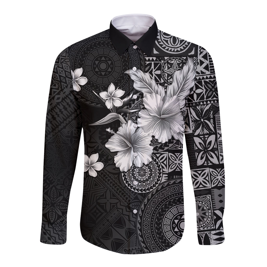 Hawaii Tapa Pattern With Black Hibiscus Long Sleeve Button Shirt
