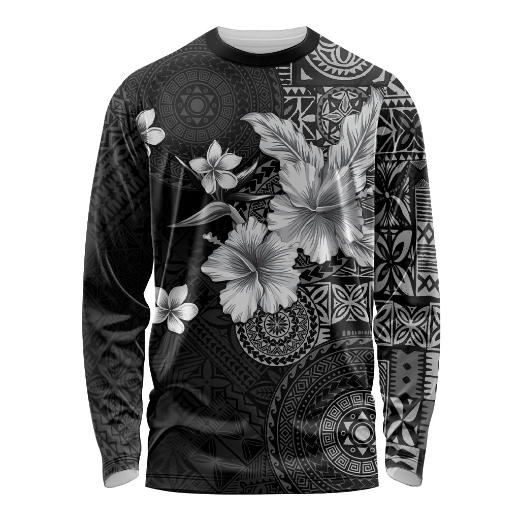 Hawaii Tapa Pattern With Black Hibiscus Long Sleeve Shirt