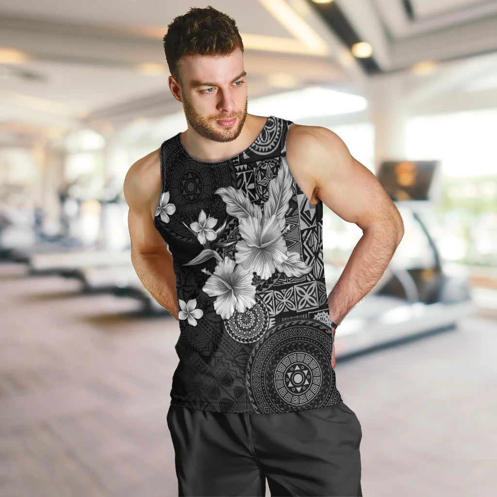 Hawaii Tapa Pattern With Black Hibiscus Men Tank Top LT05 Black - Polynesian Pride