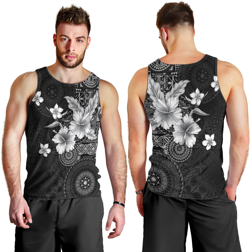 Hawaii Tapa Pattern With Black Hibiscus Men Tank Top LT05 - Polynesian Pride
