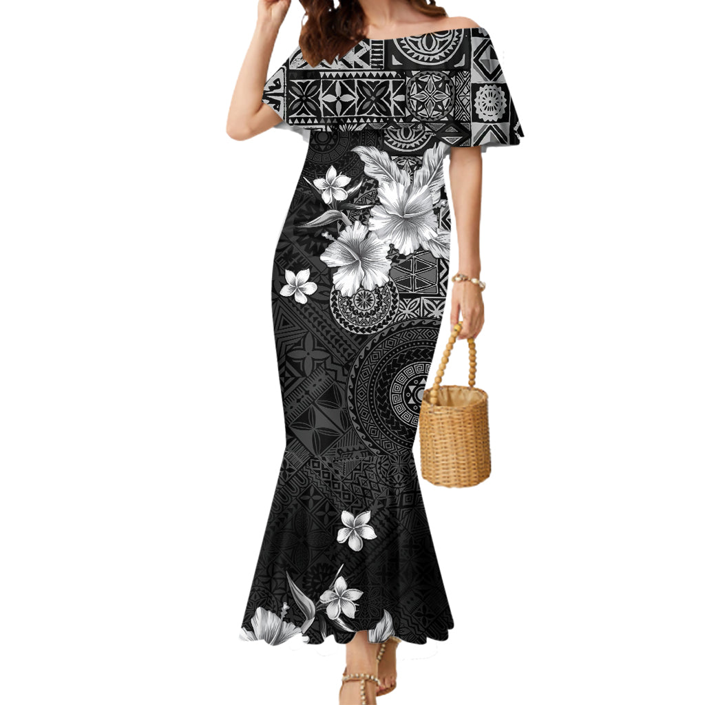 Hawaii Tapa Pattern With Black Hibiscus Mermaid Dress