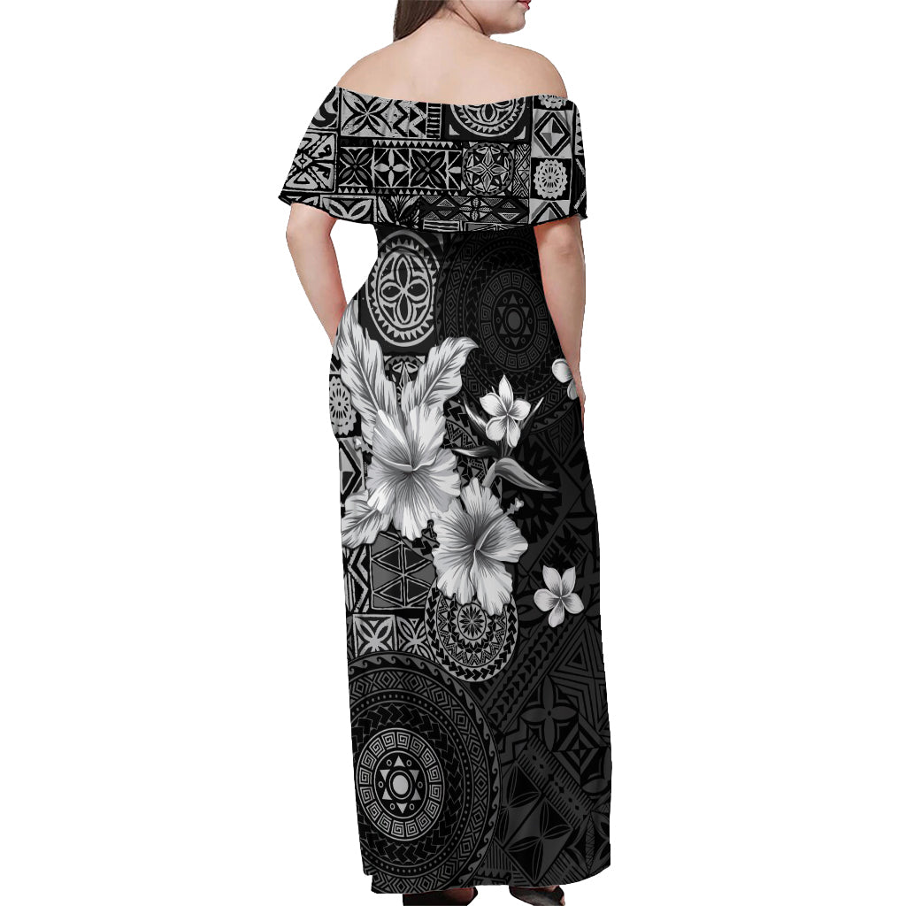 Hawaii Tapa Pattern With Black Hibiscus Off Shoulder Maxi Dress LT05 - Polynesian Pride