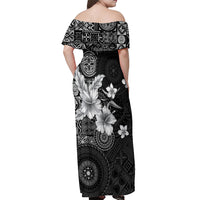 Hawaii Tapa Pattern With Black Hibiscus Off Shoulder Maxi Dress LT05 - Polynesian Pride