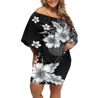 Hawaii Tapa Pattern With Black Hibiscus Off Shoulder Short Dress LT05 Women Black - Polynesian Pride