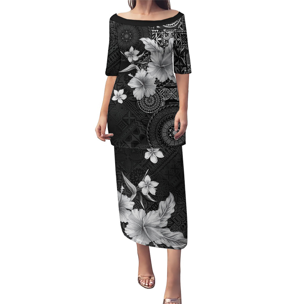 Hawaii Tapa Pattern With Black Hibiscus Puletasi LT05 Long Dress Black - Polynesian Pride