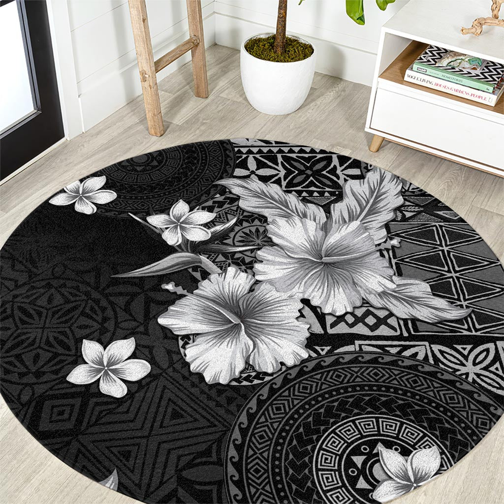 Hawaii Tapa Pattern With Black Hibiscus Round Carpet