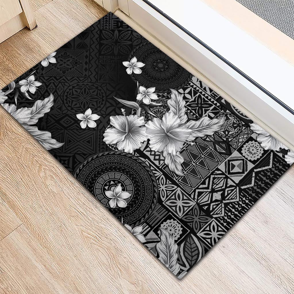 Hawaii Tapa Pattern With Black Hibiscus Rubber Doormat