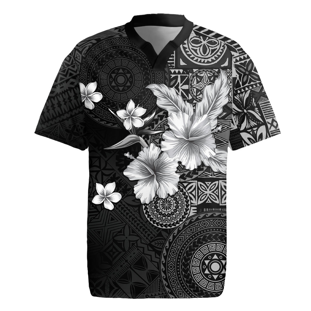 Hawaii Tapa Pattern With Black Hibiscus Rugby Jersey LT05 Black - Polynesian Pride