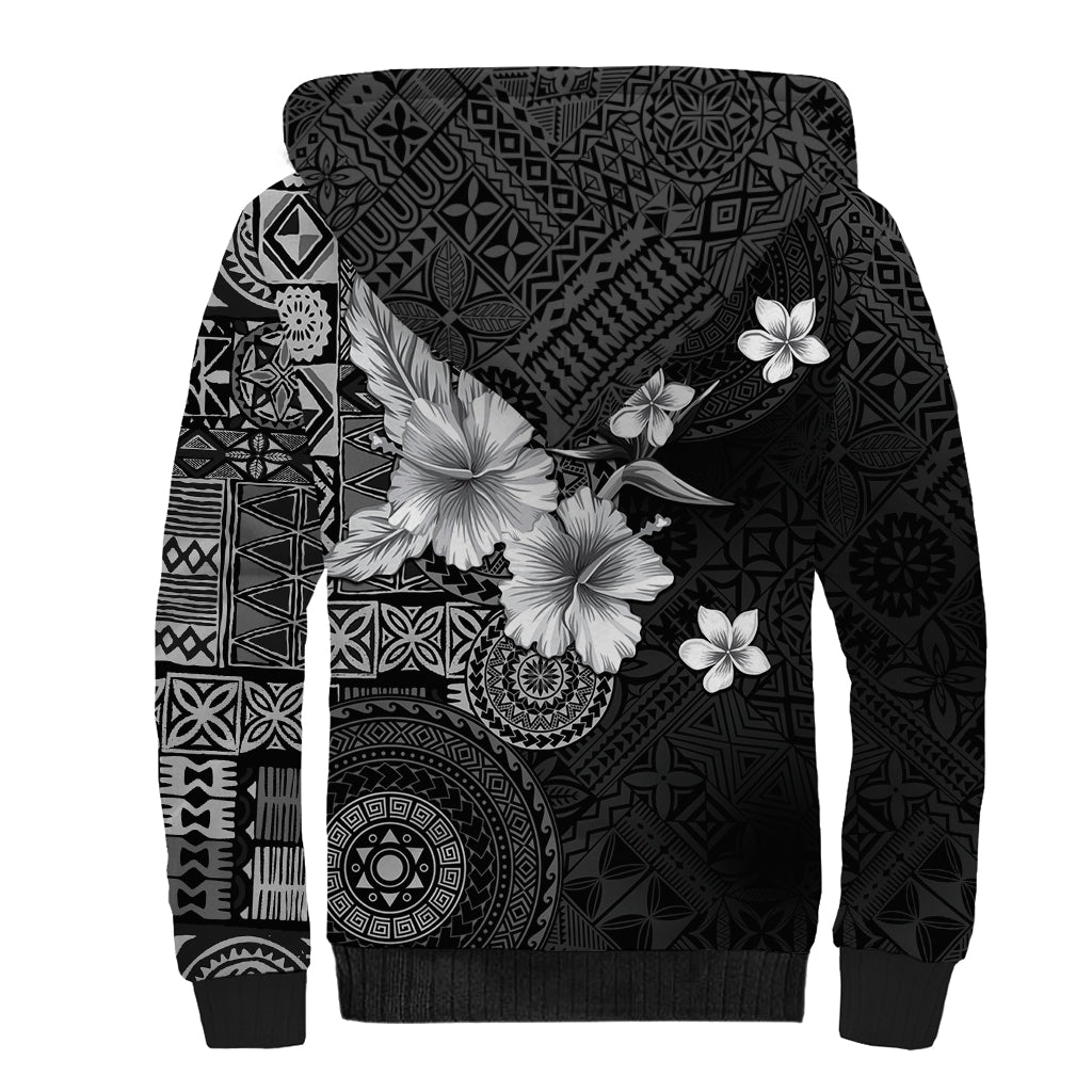 Hawaii Tapa Pattern With Black Hibiscus Sherpa Hoodie LT05 - Polynesian Pride