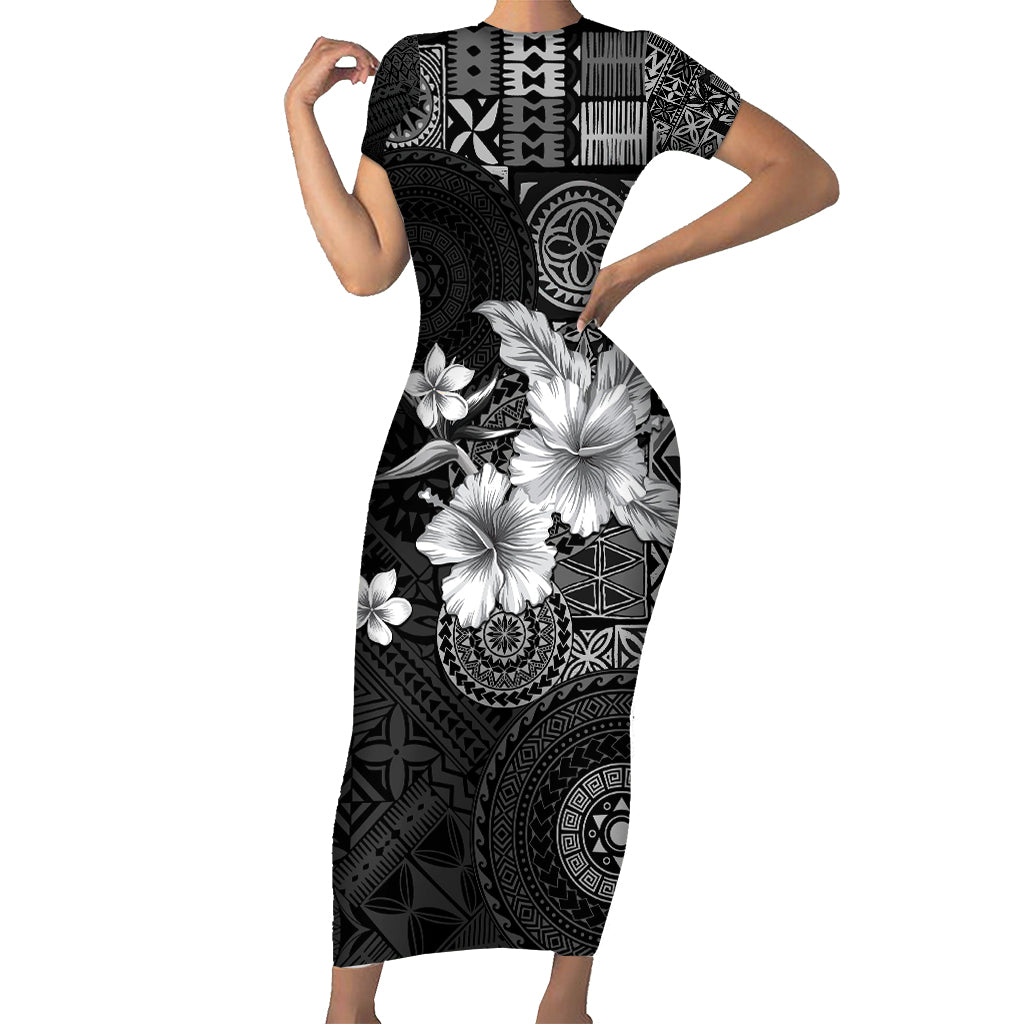 Hawaii Tapa Pattern With Black Hibiscus Short Sleeve Bodycon Dress