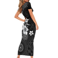 Hawaii Tapa Pattern With Black Hibiscus Short Sleeve Bodycon Dress