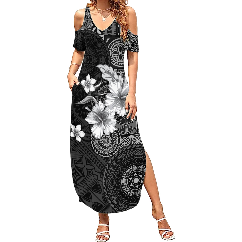 Hawaii Tapa Pattern With Black Hibiscus Summer Maxi Dress LT05 Women Black - Polynesian Pride