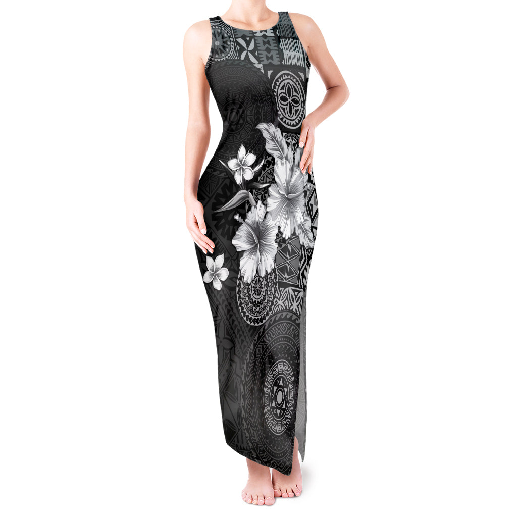 Hawaii Tapa Pattern With Black Hibiscus Tank Maxi Dress